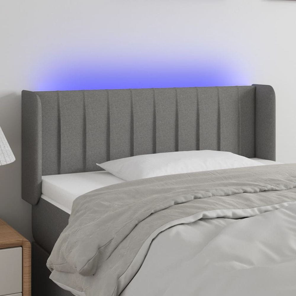 Vidaxl Čelo postele s LED tmavosivé 103x16x78/88 cm látka